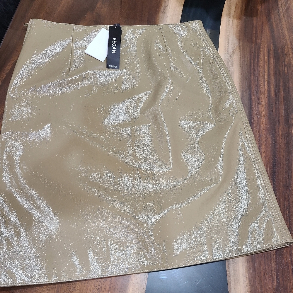 Tan/olive vegan patent Skirt